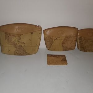 Tan Map Print Clutch and Wristlet Set